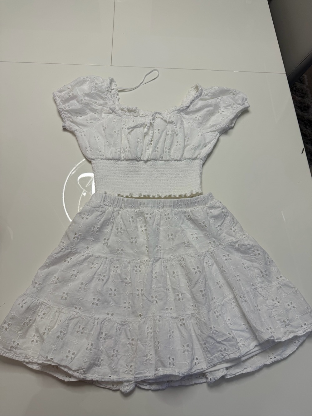 Japan Rags White Eyelet Smocked Two-Piece Dress Set